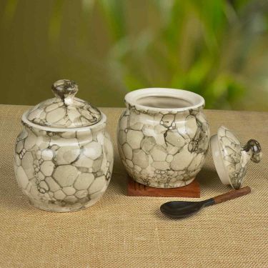 StyleMyWay Handpainted Ceramic Jar Set with Lid Set of 2 500 ml Black Lustre