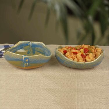 Studio Pottery Hand Glazed Ceramic Serving Bowls (500 ml each, Set of 2, Teal and Yellow)
