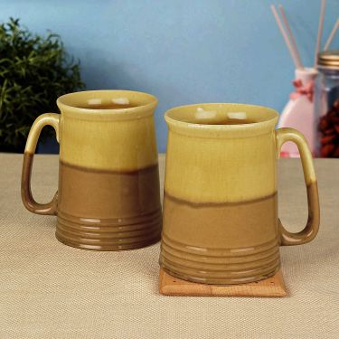 Hand Glazed Studio Pottery Dual Tone Ceramic Beer Mugs (500 ml each, Set of 2, Sand Yellow and Off White)