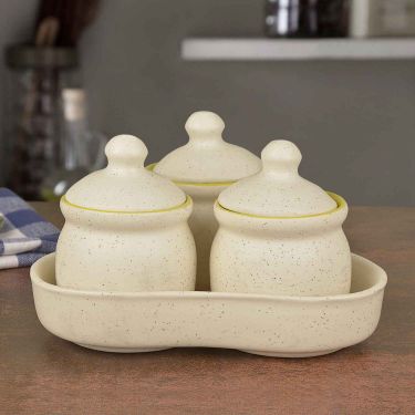 Ceramic White Matt Pickle Serving Jar Set with Tray (Set of 3, White and Green)