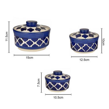 Studio Pottery Handpainted Ceramic Serving Donga with Lid Casserole Set (Set of 3, Blue)