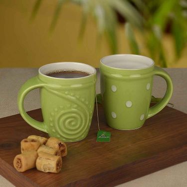 Handpainted Ceramic Coffee Mugs (350 ml, Set of 2, Green)