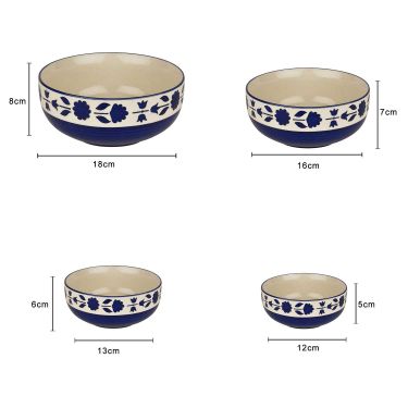 Studio Pottery Handpainted Dinner Serving Bowl Set (Set of 4 , Blue Flower)