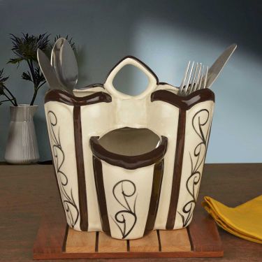 Handpainted Ceramic Kitchen Cutlery Stand (White and Black)