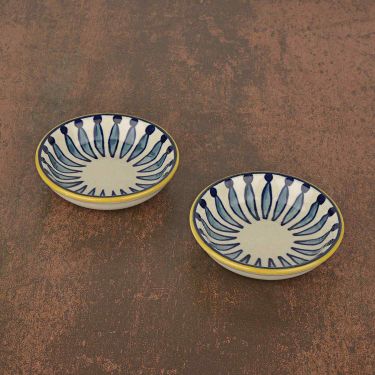 "Kyoto Collection" Handpainted Ceramic Dip Bowls (Set of 2, White and Blue, 50 ml each) | Chutney Bowls | Ketchup Bowls