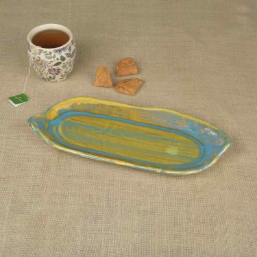 Studio Pottery Reactive Glaze Ceramic Platter (Sage Green and Blue, Length - 30 cm, Width - 12 cm) | Starter Serving Tray