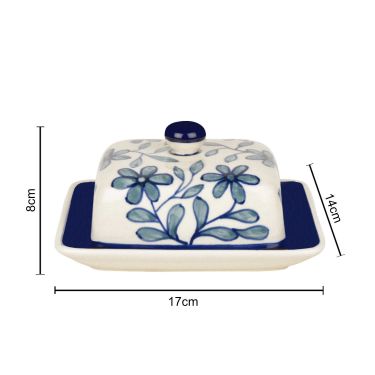 Hand Painted Ceramic Butter Dish with Lid (Blue and White, Height - 8 cm) | Butter Serving Set | Butter Container for 500 gm