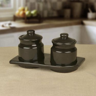 Hand Glazed Ceramic Pickle Serving Jar Set with Tray (Set of 2, Black , 200 ml each) | Condiment Set | Masala Container | Pickle and Chutney Jar Set for Dining Table