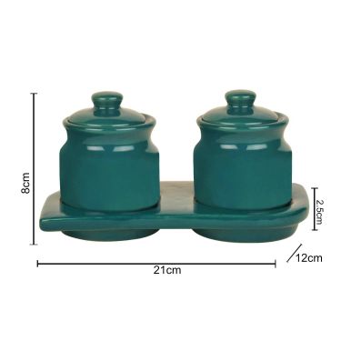 Hand Glazed Ceramic Pickle Serving Jar Set with Tray (Set of 2, Turquoise Blue , 200 ml each) | Condiment Set | Masala Container | Pickle and Chutney Jar Set for Dining Table