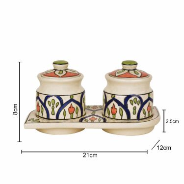 Hand Painted Ceramic Pickle Serving Jar Set with Tray (Set of 2,Multicolor , 200 ml each) | Condiment Set | Masala Container | Pickle and Chutney Jar Set for Dining Table