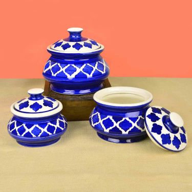 StyleMyWay Hand Painted Ceramic Handi Set with Lid (Set of 3, Blue) | Dinner Serving Bowls | Biryani Handis | Serving Pots