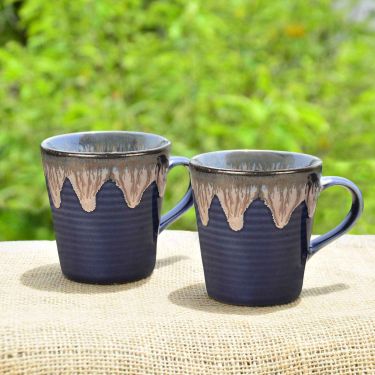 StyleMyWay Studio Pottery Flow Design Ceramic Coffee Mugs (300 ml each, Set of 2, Blue) | Milk Mugs | Chai Cups | Tea Cups & Mugs