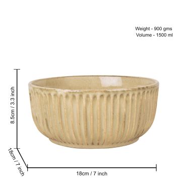 StyleMyWay "Dazzling Riviera" Studio Pottery Ribbed Ceramic Serving Bowl (Ivory, Diameter – 7 inches, 1500 ml ) | Rice & Salad Bowl | Snack Bowl | Vegetable and Pasta Serving Bowl