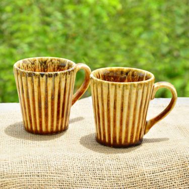 StyleMyWay Ceramic Ribbed Coffee Mugs (300 ml each, Set of 2, Brown) | Milk Mugs | Chai Cups | Tea Cups & Mugs