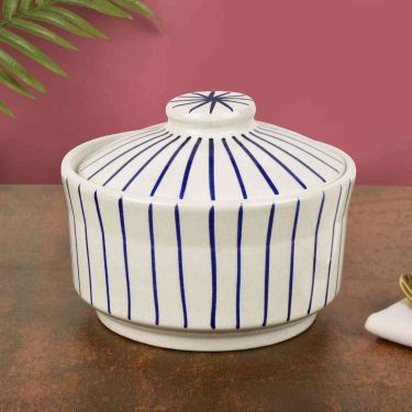 “Blue Kasa Line” Ceramic Striped Serving Donga with Lid (Diameter 16 cm, 1000 ml, White and Blue ) | Dinner Serving Bowl