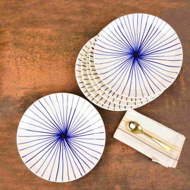 “Blue Kasa Line” Ceramic Striped Dinner Serving Plates (Set of 6, White and Blue, Diameter – 10 inches) | Full Plates