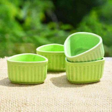 Handcrafted Ceramic Triangular Ribbed Dip Bowls (Set of 4 , Green , 50 ml each) | Chutney Bowls
