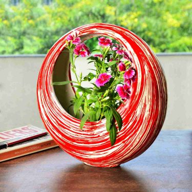 Premium Hand Painted Ceramic Ring Shaped Planter Pot (Red, L x B x H – 26 cm x 10 cm x 26 cm)