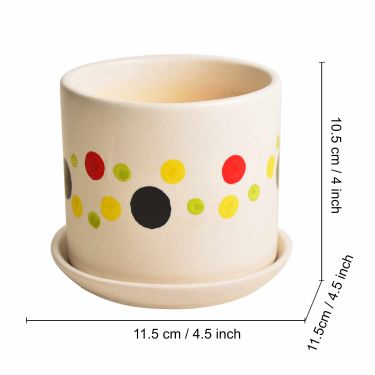 Hand Painted Ceramic Round Polka Dot Planter Pot with Tray (Multicolor and Off White, Diameter – 11.5 cm, Height – 10.5 cm)
