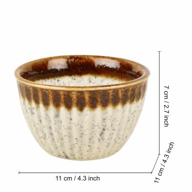 Studio Pottery Ribbed Ceramic Dining Bowls (Set of 4, 350 ml each, Off White & Brown) | Katoris