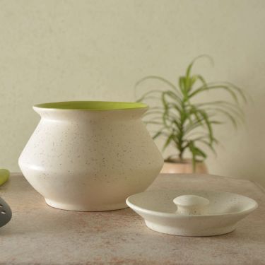 Ceramic Matt Finish Handi with Lid (1250 ml, White and Green)