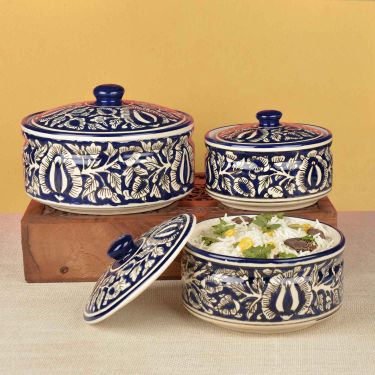 Handcrafted Studio Pottery Blue Mughal Painting Ceramic Serving Donga/Casserole Set of 3
