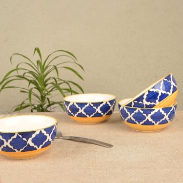 Blue Yellow Handpainted Snacks Cereal Rice Bowl Set Cum Dining Table Serving Bowls in Ceramic-Set of 4