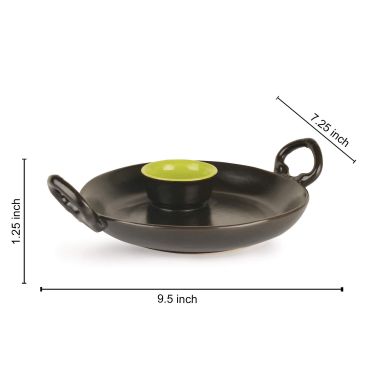 Black Matt Chip and Dip Platter in Ceramic with Fixed Green Dip Bowl