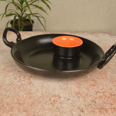 Black Matt Chip and Dip Platter in Ceramic with Fixed Orange Dip Bowl