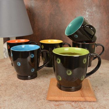 Black Tapered Tea Cups with Polka Dots in Ceramic (Set of 6)