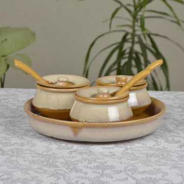 Dual Tone Ceramic Pickle Serving Handi Set with Spoon and Tray (Set of 3, White and Yellow)