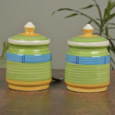 Handpainted Ceramic Jar Set with Lid (Set of 2, 500 ml, Green and Blue)