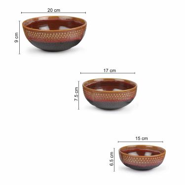 Studio Pottery Ceramic Serving Bowls (Set of  3 , Crimson Red , Black)