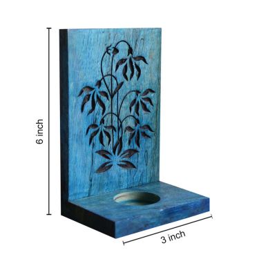 Hand Engraved Blue Wooden Table Cum Wall T-Light Holder