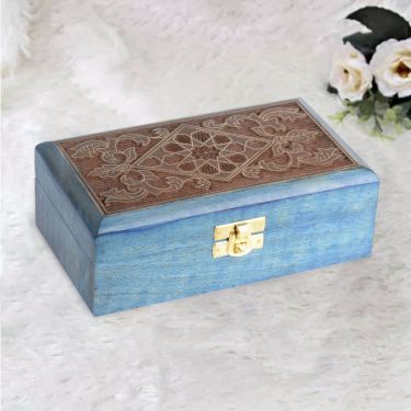 Hand Carved Wooden Decorative Jewellery and Keepsake Blue Storage Box with Inlay Work - 7 in X 4 in