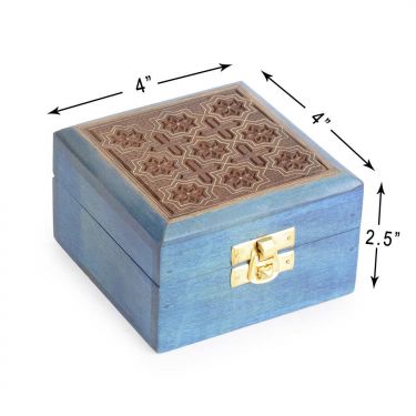 Hand Carved Wooden Decorative Jewellery and Keepsake Blue Storage Box with Inlay Work – 4 in X 4 in