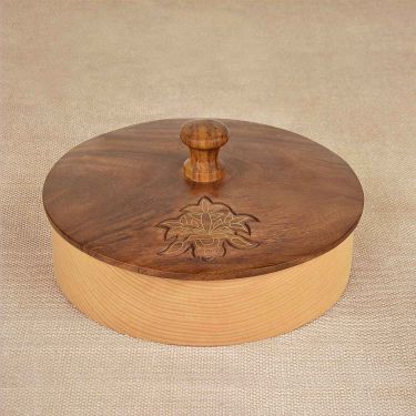 Wooden Chapati Box with Lid (Sheesham and Steamed Beech Wood , Brass Inlay Work)