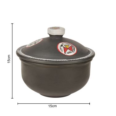 Handpainted Earthenware Clay Donga / Pot with Lid for Cooking / Serving  ( Black , 1000 ml) 