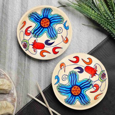 Handpainted Ceramic Floral Round Pasta Serving Plates (Set of 2, 8.5 inches , Off White & Multicolor) | Soup Plates | Maggi Plates 