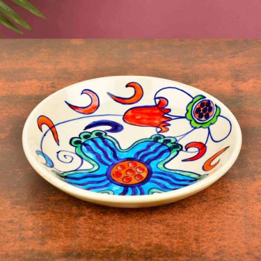 Handpainted Ceramic Floral Round Pasta Serving Plates (Set of 4, 8.5 inches , Off White & Multicolor) | Soup Plates | Maggi Plates 