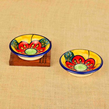 Handpainted Floral Round Ceramic Dip Bowls (Set of 2, Multicolor) | Chutney Bowls | Ketchup Bowls 