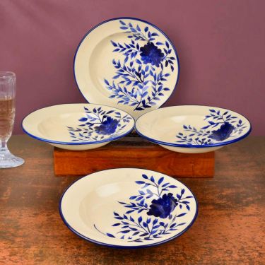 Handpainted Premium Ceramic Floral Deep Pasta Plates (Set of 4, Diameter – 9.5 inches, Blue & Off White) | Soup Plates | Maggi Plates