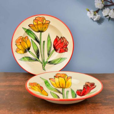 Handpainted Premium Ceramic Floral Deep Pasta Plates  (Set of 2, Diameter – 9.5 icnhes , Multicolor & Off White) | Soup Plates | Maggi Plates