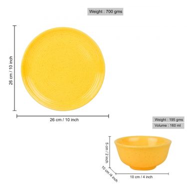 "Golden Glow Collection" Premium Ribbed Ceramic Dinner Serving Plate with 2 Dinner Bowls (Set of 3, Yellow , Plate Diameter – 10 inches)  |  Plates and Bowls Set