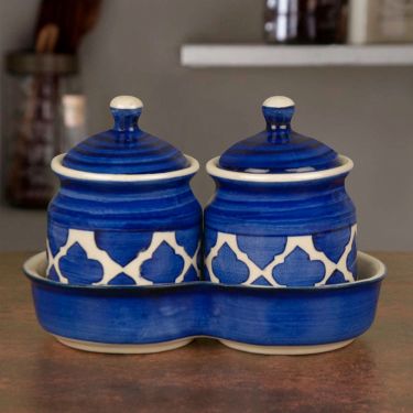 Ceramic Pickle Serving Jar Set with Tray (Set of 2, Blue and White) | Condiment Set | Pickle Jar Set for Dining Table | Masala Container