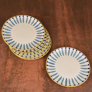 " Kyoto Collection " Handpainted Ceramic Dinner Serving Plates (Set of 6, White and Blue, 10 inches) | Full Plates | Platter