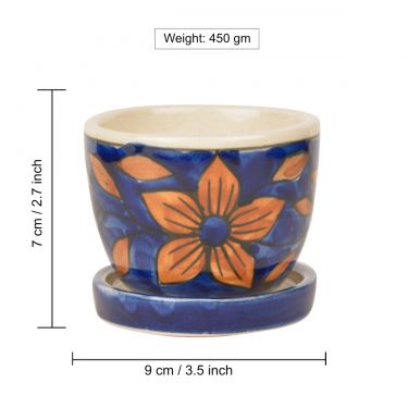 Hand Painted Ceramic Planter Pot with Tray (Blue and Brown, Diameter   9 cm, Height   7 cm) | Indoor & Outdoor Planter | Succulent Pot | Decorative Planter for Living Room and Balcony