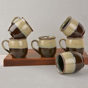 Handcrafted Dual Tone Ceramic Coffee Mugs (Set of 6, Brown and Light Silver Sage, 190 ml Each) | Chai Cups | Tea Cups & Mugs
