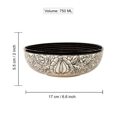 “Kalamkaari Collection” Handpainted Ceramic Bowl (Off white and Black, Diameter   17 cm, 750 ml) | Salad Bowl | Pasta Serving Bowl | Snack Bowl