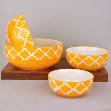 Studio Pottery Handpainted Dinner Serving Bowl Set (Set of 4, Mustard Yellow and White) | Dinner Serving Donga Set | Stackable Kitchen Bowl Set